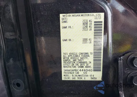 2014 Nissan Maxima 3.5 Sv from USA, damaged, VIN 1N4AA5AP8EC444040